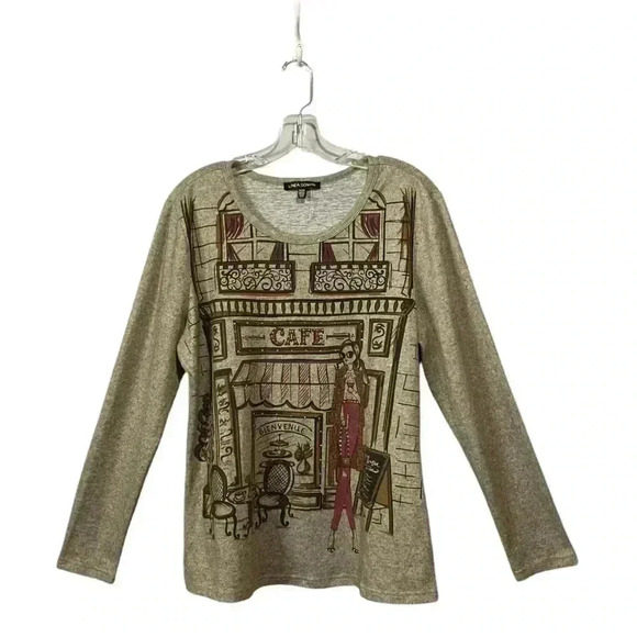 NWOT Linea Domani, Parisian Café Motif Heathered Long-Sleeve Top, Medium, Grey ✨ - Picture 2 of 7